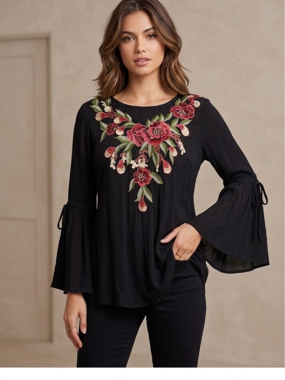 Boho Floral Embroidered Bell Sleeve Tunic Top | Gothic Folk Art Rose blouse S